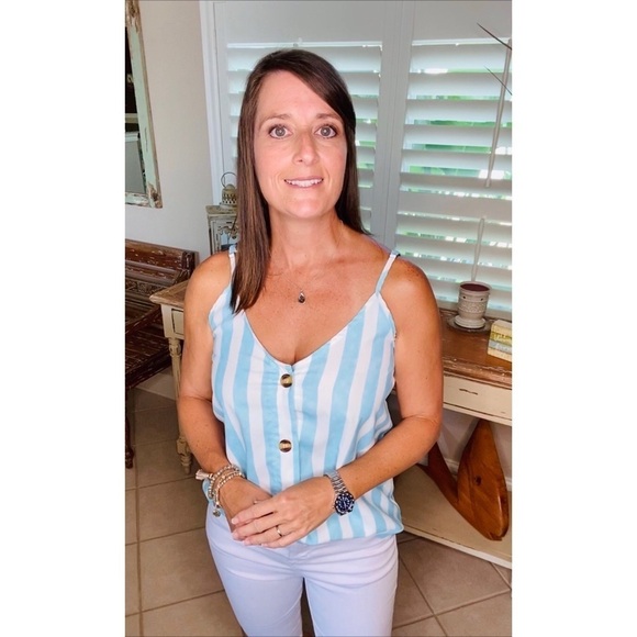 Striped V-neck Button Up Tank Top Blue 2820 - Picture 2 of 3